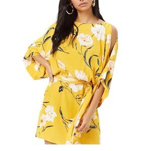 Forever 21 Yellow & Navy Floral Print Regular Fit A Line Dress | size S